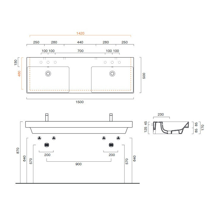 Podwójna umywalka wisząca Catalano Zero, 150x50cm, biała