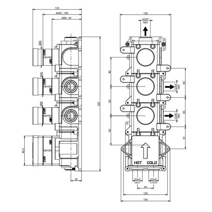 Element podtynkowy Gessi Inciso Wellness dla 2 wyjść wody