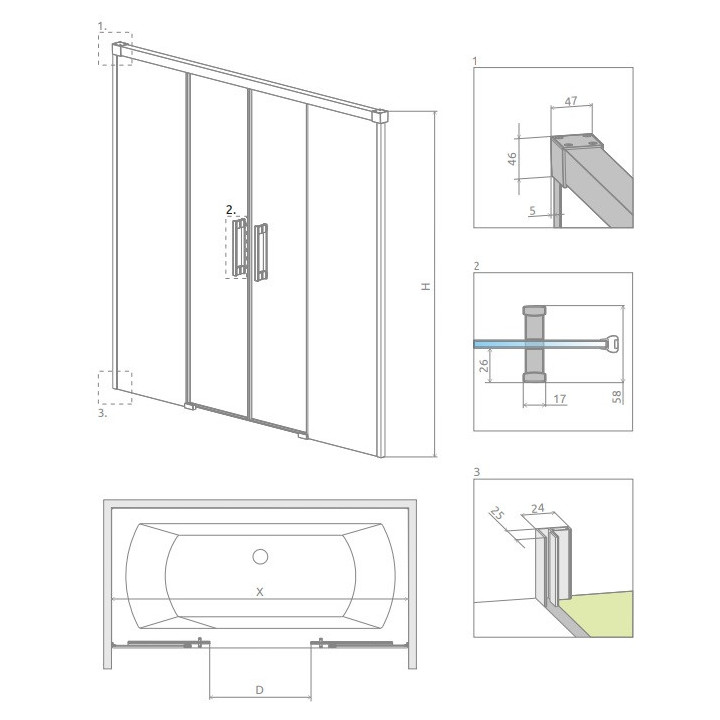 Parawan nawannowy Radaway Euphoria PNJ 60, szkło przejrzyste, 600-610x1500mm, profil chrom