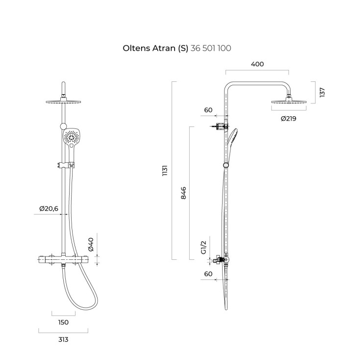 Zestaw prysznicowy Oltens Atran (S) z baterią termostatyczną, kwadratowa deszczownica, chrom