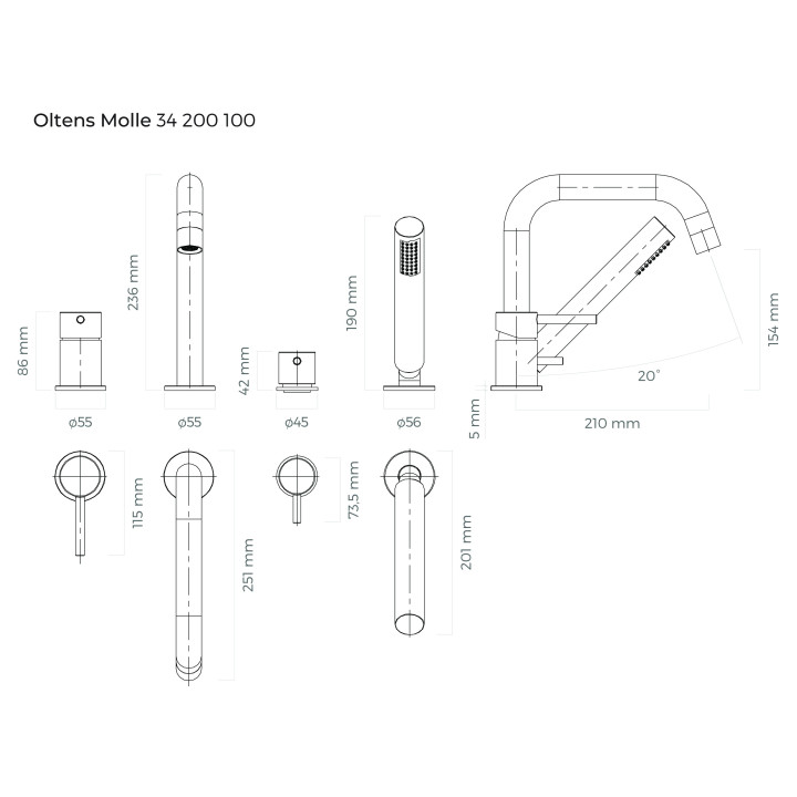 Wannowa bateria 4-otworowa Oltens Molle, kompletna, z zestawem natryskowym, czarny mat