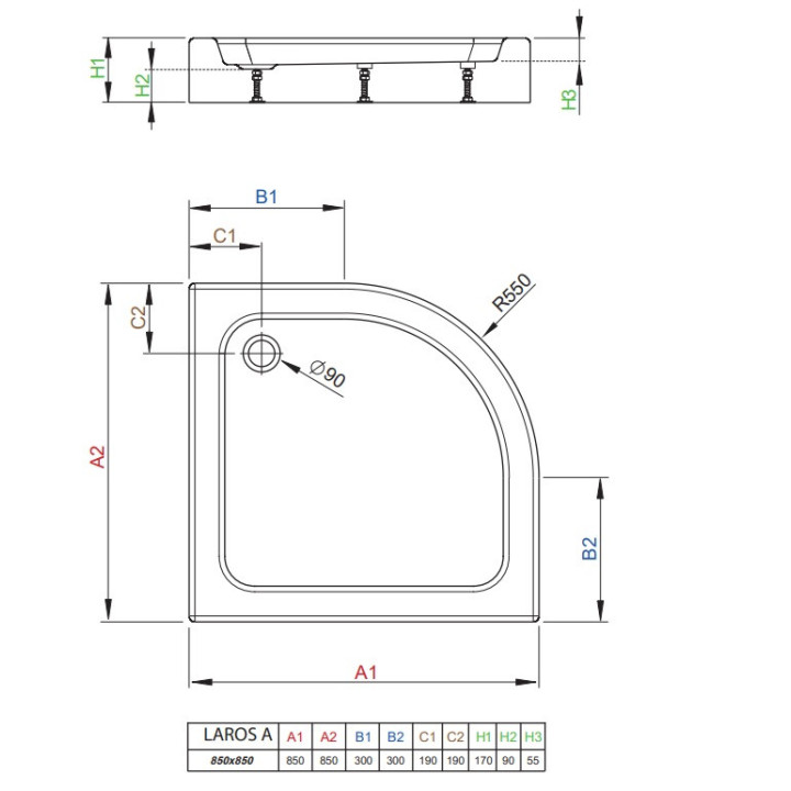 Brodzik półokragły Radaway Laros A Compact, 85x85cm, akrylowy, biały