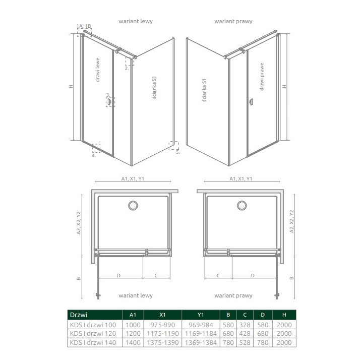 Część lewa kabiny prysznicowej Radaway Nes 8 Black KDD I 100, szkło przejrzyste, 1000x2000mm, czarny profil
