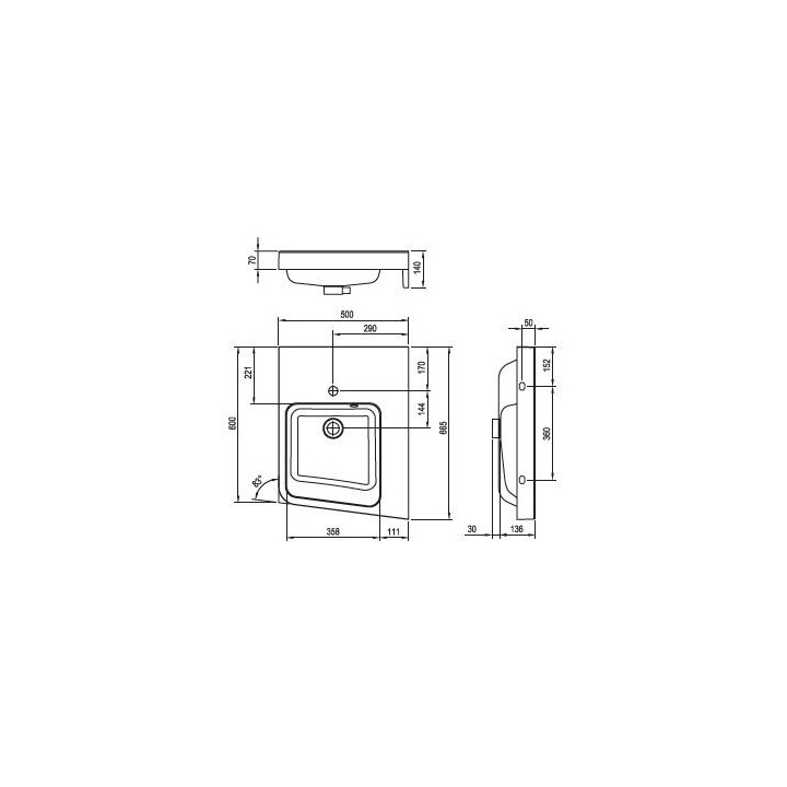 Umywalka narożna Ravak BeHappy II, prawa, 50 cm z otworami - biała