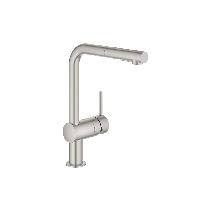 Bateria kuchenna z wyciąganą wylewką GROHE Minta 1/2" stojąca, wys. 328 mm, jednouchwytowa - stal nierdzewna