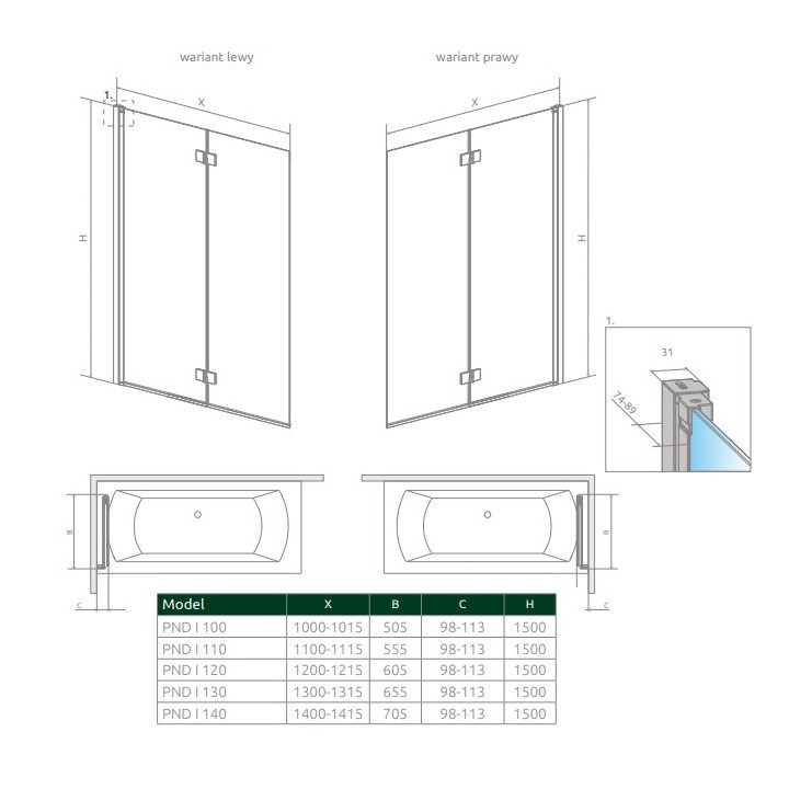 Parawan nawannowy Radaway Nes 8 Black PNJ I, prawy, szkło przejrzyste, 60x150cm, czarny profil
