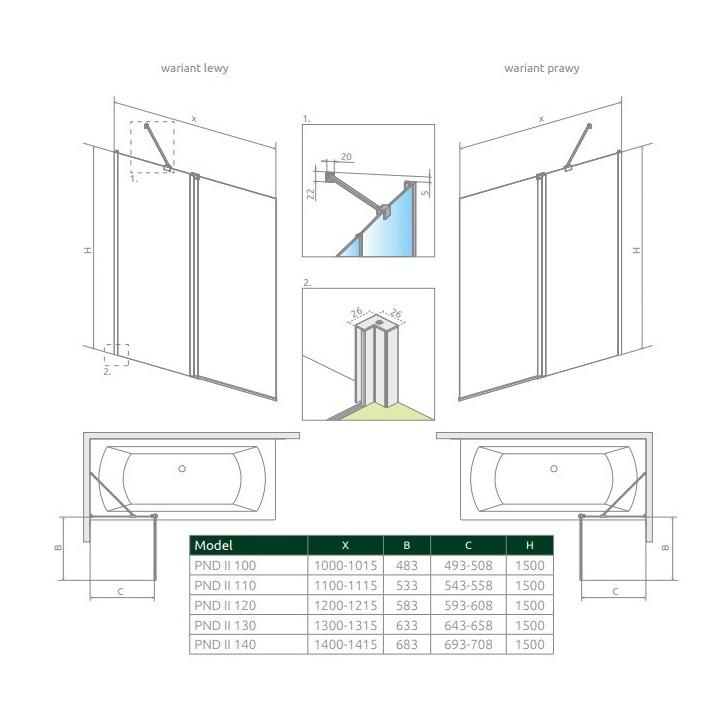 Parawan nawannowy Radaway Nes Black PND I, lewy, szkło przejrzyste, składany, 100x150cm, czarny profil