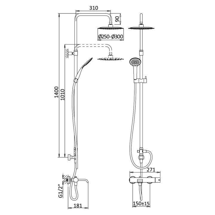 Zestaw natryskowy Bruma Breeze, natynkowy, deszczownica 250mm, regulowana wysokość, chrom