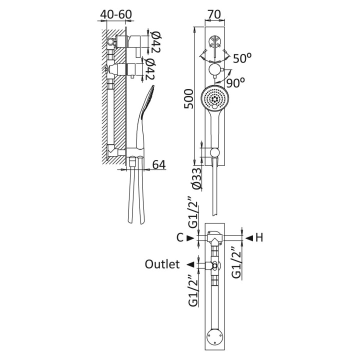 Bateria natryskowa Bruma Breeze, podtynkowa, dwa wyjścia, pokrętło do wyboru wyjścia wody, chrom