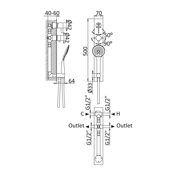 Bateria natryskowa Bruma Breeze, podtynkowa, dwa wyjścia wody, zestaw natryskowy, chrom