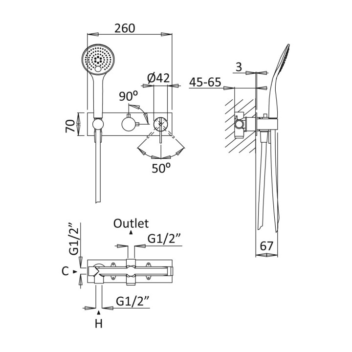 Bateria natryskowa Bruma Breeze, podtynkowa, pionowe rozmieszczenie, dwa wyjścia wody, zestaw natryskowy, chrom