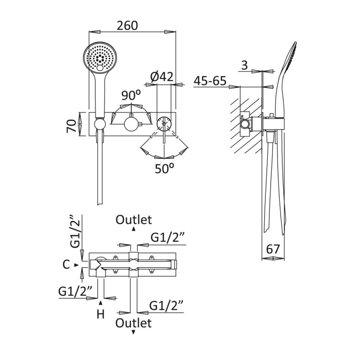 Bateria natryskowa Bruma Breeze, podtynkowa, pionowe rozmieszczenie, dwa wyjścia wody, zestaw natryskowy, chrom
