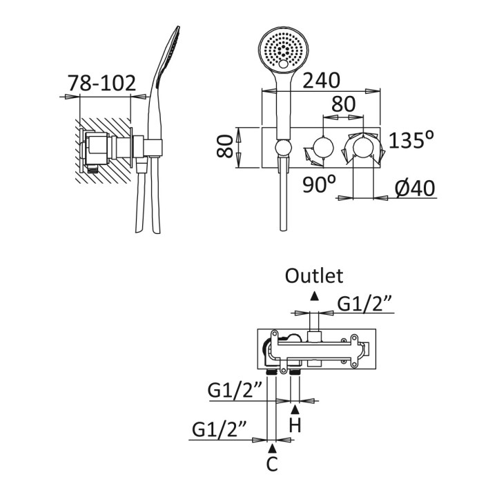 Bateria natryskowa Bruma Breeze, podtynkowa, poziome rozmieszczenie, dwa wyjścia wody, zestaw natryskowy, chrom
