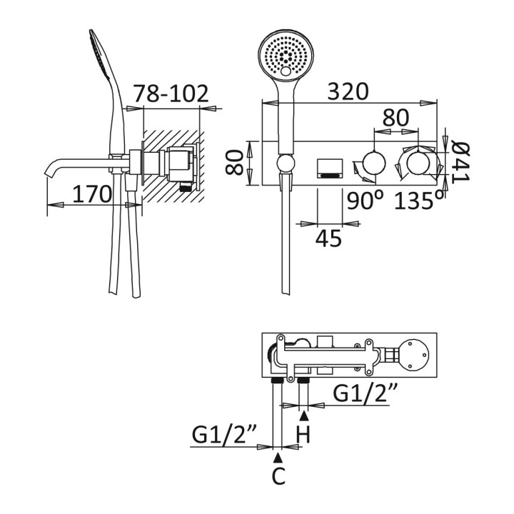 Termostatyczna bateria natryskowa Bruma Breeze, podtynkowa, poziome rozmieszczenie, dwa wyjścia wody, zestaw natryskowy, chrom