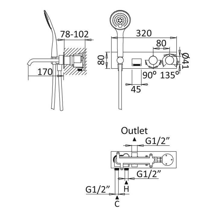 Termostatyczna bateria natryskowa Bruma Breeze, podtynkowa, poziome rozmieszczenie, dwa wyjścia wody, zestaw natryskowy, chrom