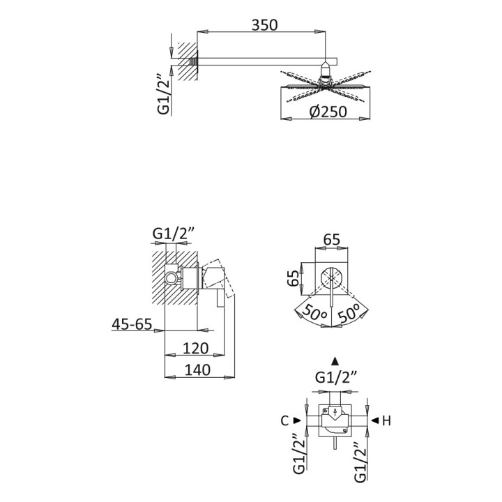 Zestaw natryskowy Bruma Breeze, podtynkowy, deszczownica z ramieniem ściennym 350mm, chrom