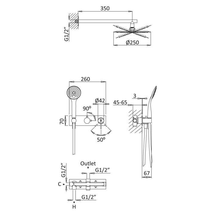 Zestaw natryskowy Bruma Breeze, podtynkowy, deszczownica z ramieniem ściennym 350mm, chrom
