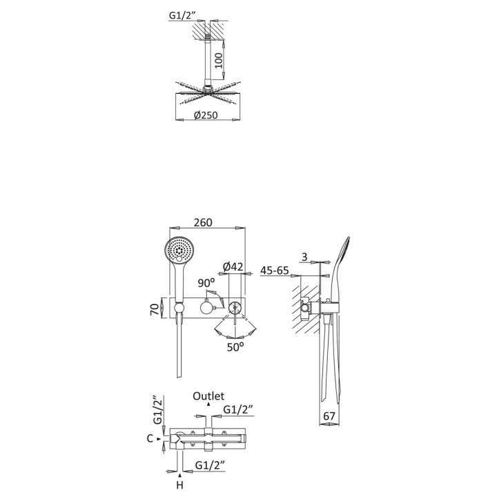 Zestaw natryskowy Bruma Breeze, podtynkowy, deszczownica z ramieniem ściennym 350mm, słuchawka 3-funkcyjna, chrom