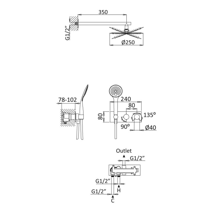 Zestaw natryskowy Bruma Breeze, podtynkowy, deszczownica z ramieniem ściennym 350mm, słuchawka 3-funkcyjna, chrom