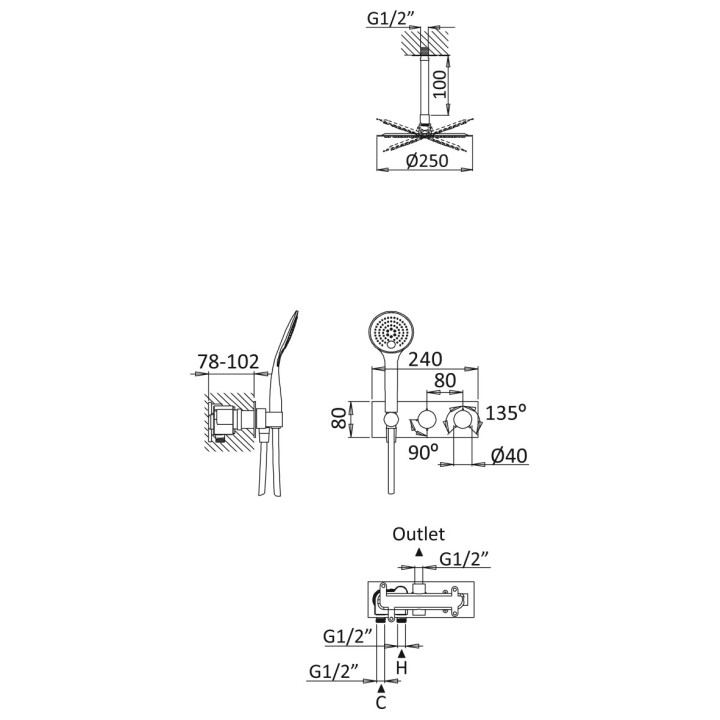 Zestaw natryskowy Bruma Breeze, podtynkowy, bateria termostatyczna, deszczownica z ramieniem ściennym 350mm, słuchawka 3-funkcyj