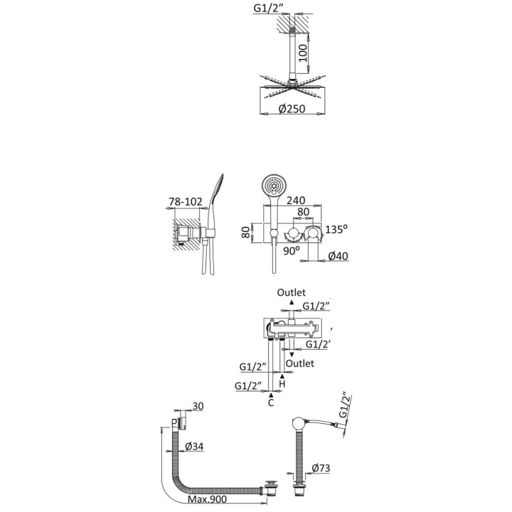 Zestaw natryskowy Bruma Breeze, podtynkowy, bateria termostatyczna, deszczownica z ramieniem ściennym 350mm, przelew z funkcją n