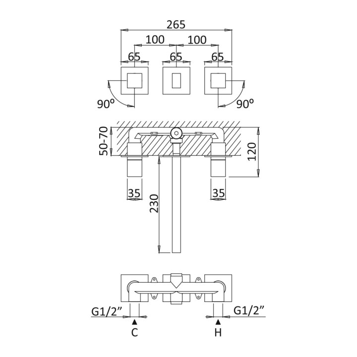 Bateria umywalkowa 2-otworowa Bruma Adamastor, podtynkowa, wylewka 230mm, bez korka, chrom