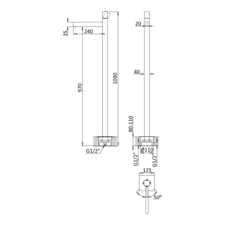 Bateria umywalkowa wolnostojąca Bruma Adamastor, wysokość 101cm, bez korka, chrom