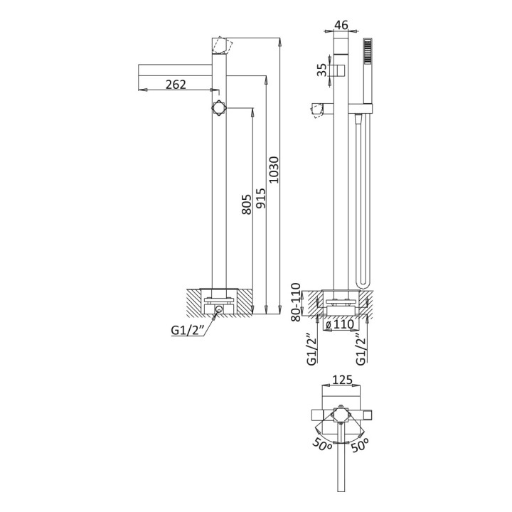 Bateria wannowa Bruma Adamastor, natynkowa, zestaw natryskowy, chrom