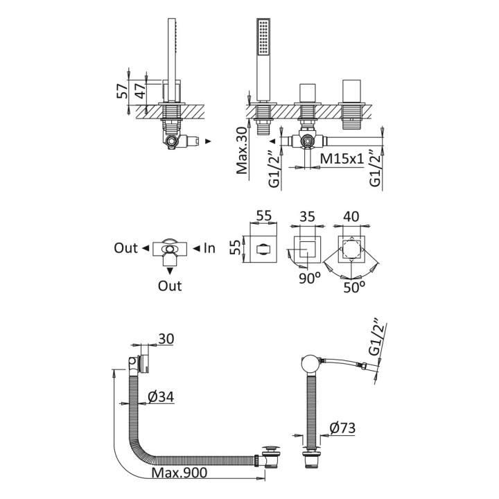 Bateria wannowa 3-otworowa Bruma Adamastor, 2 wyjścia wody, zestaw natryskowy, chrom