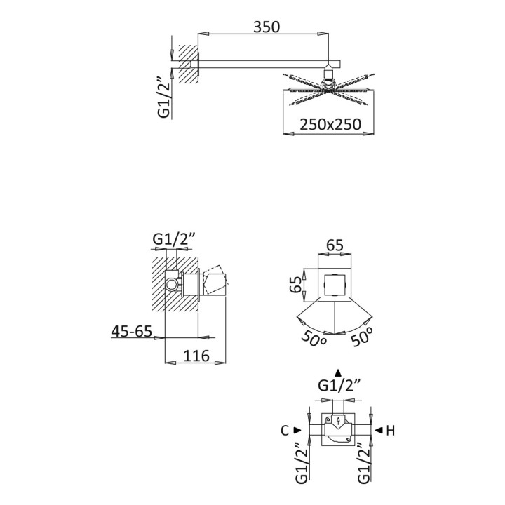 Zestaw natryskowy Bruma Adamastor, podtynkowy, deszczownica 250x250mm z ramieniem ściennym 350mm, chrom