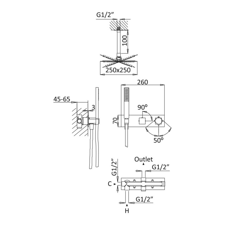 Zestaw natryskowy Bruma Adamastor, podtynkowy, deszczownica 250x250mm z ramieniem ściennym 350mm, słuchawka 1-funkcyjna, chrom