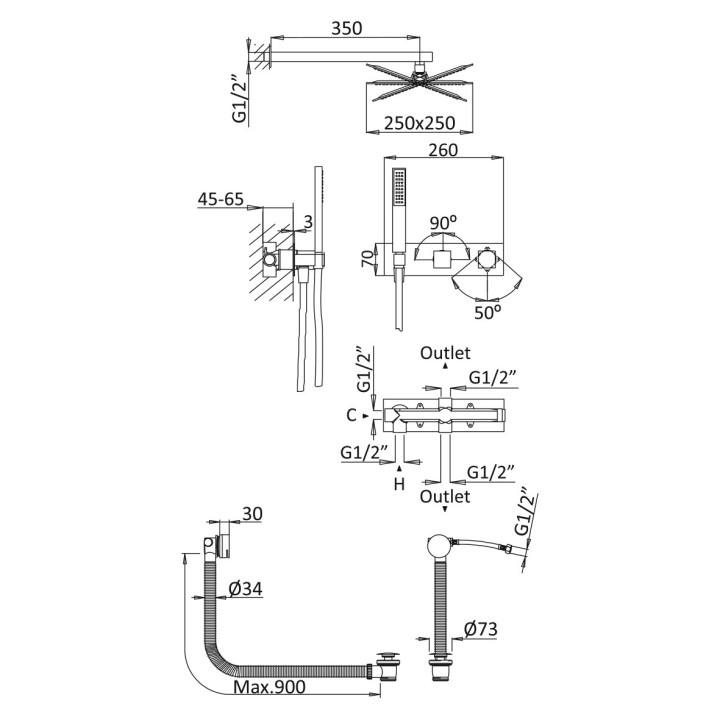 Zestaw natryskowy Bruma Adamastor, podtynkowy, deszczownica 250x250mm z ramieniem ściennym 350mm, słuchawka 1-funkcyjna, chrom