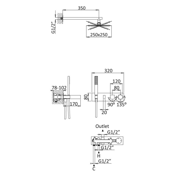 Zestaw natryskowy Bruma Adamastor, podtynkowy, deszczownica 250x250mm z ramieniem ściennym 350mm, słuchawka 1-funkcyjna, chrom