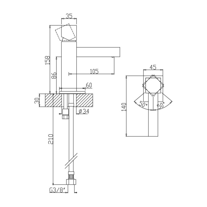 Bateria umywalkowa Bruma Escudo, stojąca, wysokość 158mm, bez korka, chrom