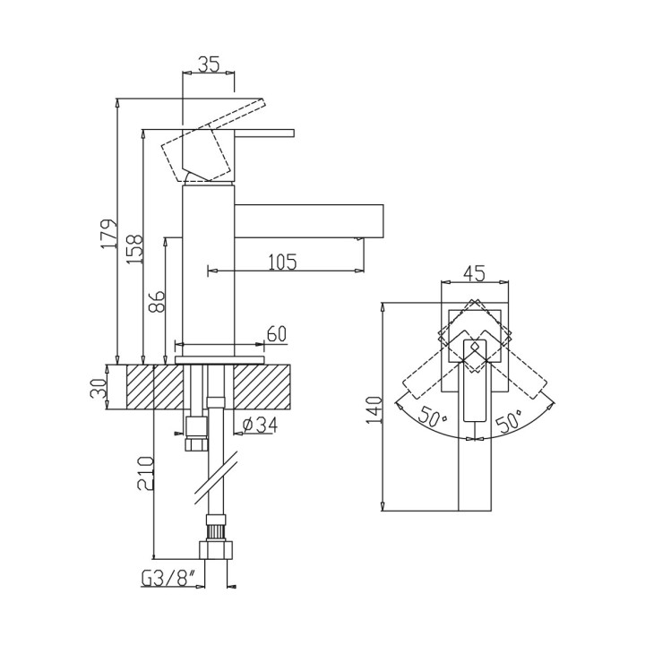 Bateria umywalkowa Bruma Escudo, stojąca, wysokość 158mm, bez korka, chrom