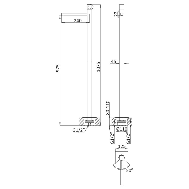 Bateria umywalkowa wolnostojąca Bruma Escudo, wysokość 108cm, uchwyt bez dźwigni, chrom