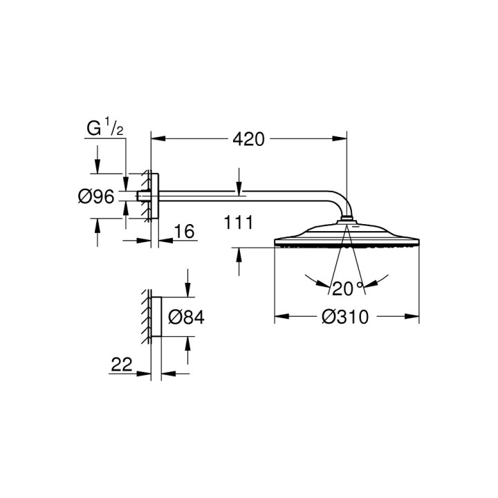 Deszczownica Grohe Rainshower SmartConnect 310, okrągła, średnica 310mm, 2 strumienie, ramię ścienne 422mm, pilot do zmiany stru