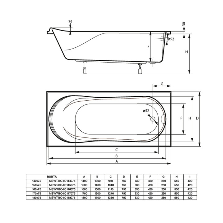 Wanna prostokątna Massi Bonta, 140x75cm, do zabudowy, biała