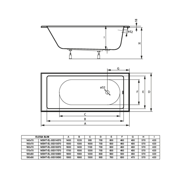 Wanna prostokątna Massi Elega, 190x90cm, do zabudowy, biała