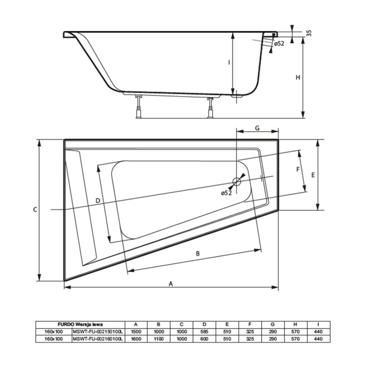 Wanna narożna Massi Furdo, 160x100cm, prawa, do zabudowy, akrylowa, biała