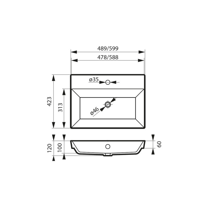 Umywalka wpuszczana w blat Massi Kerma, prostokątna, 49x42cm, konglomeratowa, bez przelewu, biała