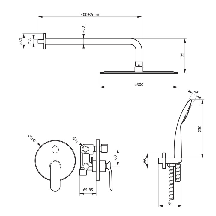 Zestaw natryskowy Massi Concepcion, podtynkowy, 2 wjścia wody, deszczownica 300mm z ramieniem ściennym, słuchawka 1-funkcyjna, c