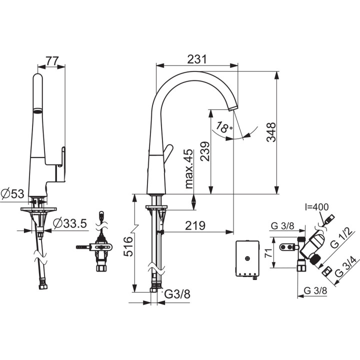 Bateria kuchenna Oras Inspera, stojąca, wyciągana i obrotowa wylewki, inteligentny zawór do zmywarki, bateria 3 V, chrom
