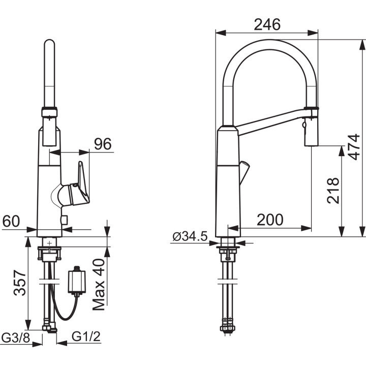 Bateria kuchenna Oras Optima, elastyczna wylewka, wysokość 474mm, chrom