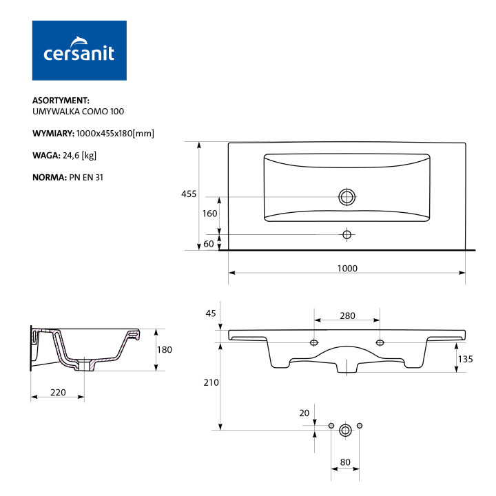 Umywalka nablatowa Cersanit City, 50x36cm, prostokątna, bez przelewu, korek click-clack, biała