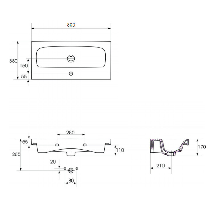 Umywalka meblowa Cersanit Moduo, 80cm, prostokątna, z przelewem, biała