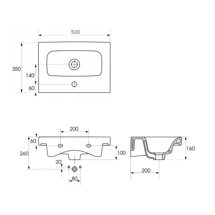 Umywalka meblowa Cersanit Moduo, 50cm, prostokątna, z przelewem, biała