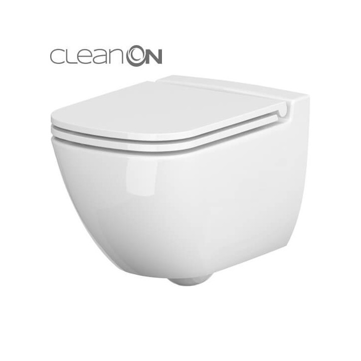 Miska zawieszana Cersanit Carina CleanOn, bezkołnierzowa, zaokrąglona, 52,5x35cm, duroplastowa deska wolnoopadająca, biała