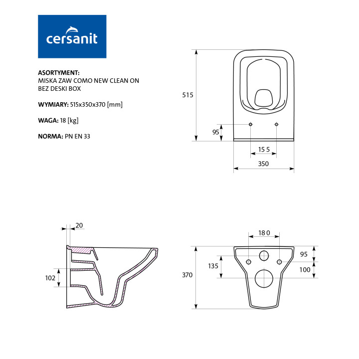 Miska zawieszana Cersanit Colour CleanOn, bezkołnierzowa, prostokątna, 52,5x36cm, duroplastowa deska wolnoopadająca, biała