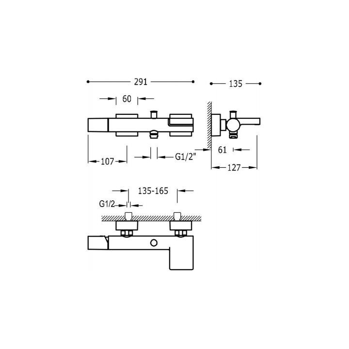 Bateria wannowa Tres Project, natynkowa, z kaskadą, zestaw natryskowy, chrom 
